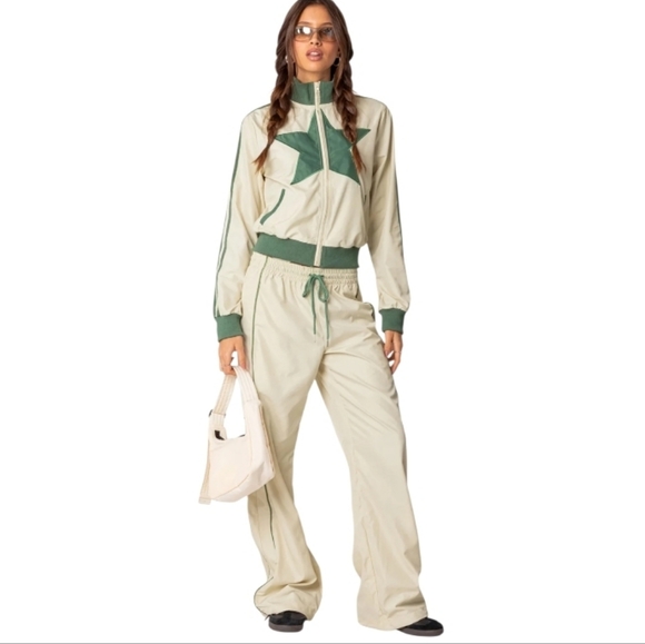 Edikted Pants - NWT edikted Superstar Off White And Green Flared Baggy Tracksuit